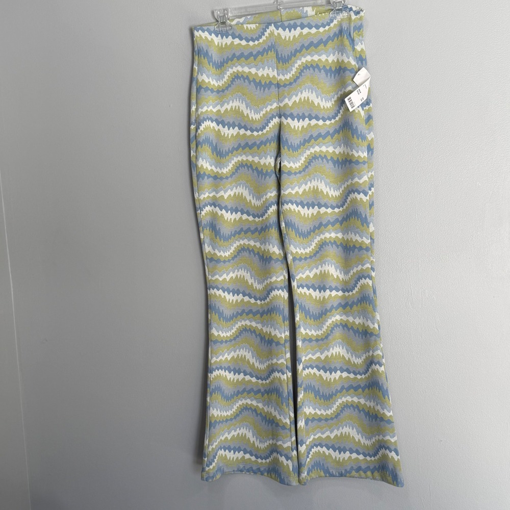 Urban Outfitters Blue Green Zigzag Knit Flare Pants High Waisted Large OB1500994
